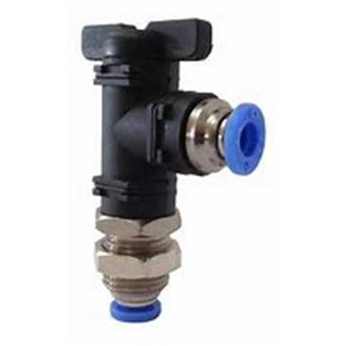 NYLON PUSH-IN TUBE 90 ELBOW BALL VALVE - Metric tube to tube